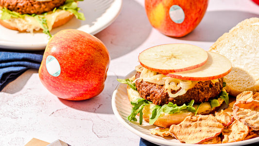 Burgers with Apples, Caramelized Onions, and Aged Cheddar