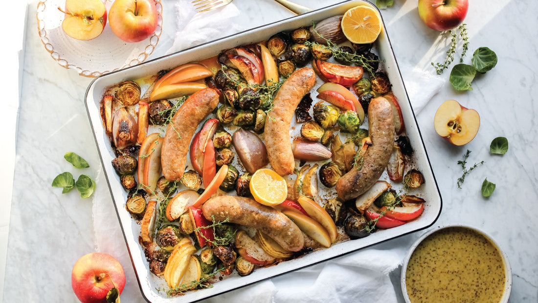 Sheet Pan Bratwurst with Apples and Mustard Dipping Sauce